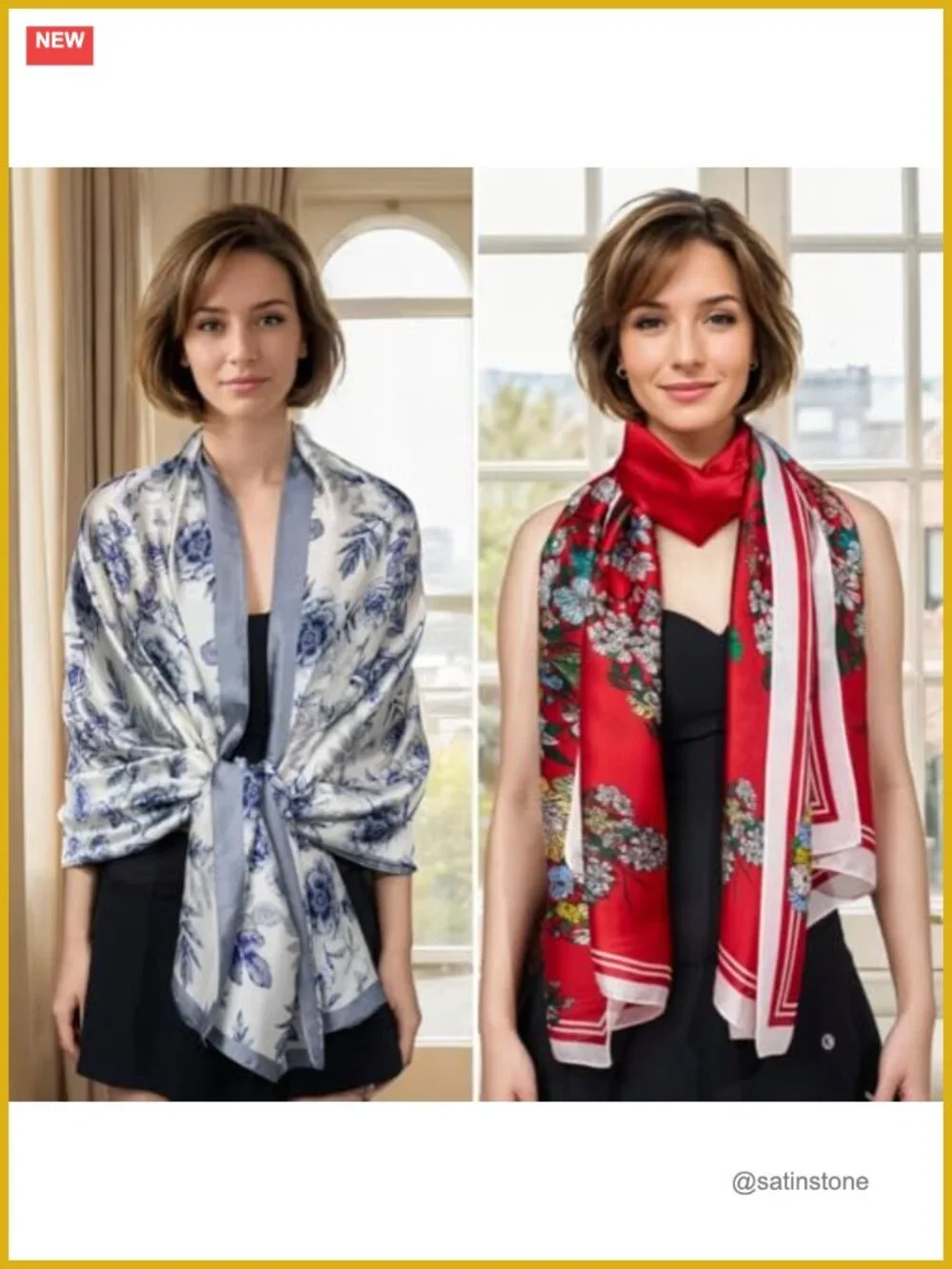 Satin Silk Feeling Floral Scarf Wrap Shawl Lightweight Women